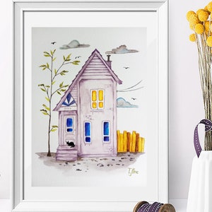 Aquareltekening Leuk gezellig huis 6 x 8 inch huis in New York muurdecor ansichtkaart schilderij primitief huis.
