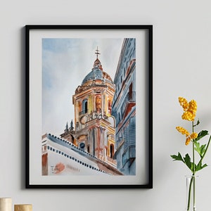 Acquerello originale 7,5x11 inc. Maestoso tempio, cattedrale Acquerello Paesaggio urbano Dipinto della vecchia Europa