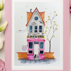 Aquarell Zeichnung Niedliches Gemütliches Haus in Los Angeles 6x8 Zoll Wand Dekor Postkarte Gemälde Primitives Haus.