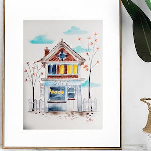 Aquarell Zeichnung Nettes Gemütliches Haus in Kalifornien 6x8 Zoll Wand Dekor Postkarte Malerei Primitives Haus.