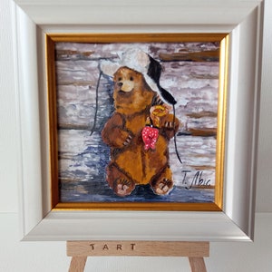 Osito de peluche con gorro y orejeras, 4 x 4 pulgadas, minipintura al óleo enmarcada sobre soporte, regalo listo, arte original pequeño