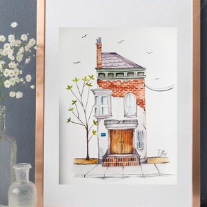 Disegno ad acquerello Casa accogliente e carina a Washington 6x8 pollici Decorazione da parete Cartolina Pittura Casa primitiva.