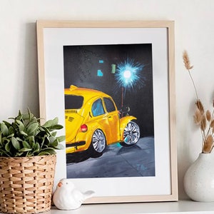 Yellow beetle car oil painting Wall decor with car. Painting for a wall gallery. Gift for him 12x8&quot; artwork