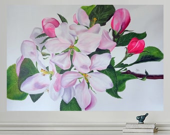 Spring Apple Blossom Oil Painting Blossoming Branch Wall Decor Pink Delicate Flowers Extra Large Canvas Art 37x25&#39;&#39;