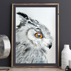 Original watercolor 11x16 in.  Gray owl, eagle owl watercolor picture for interior, wall decor