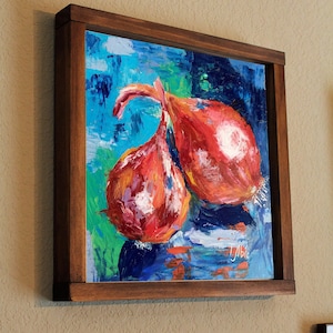 Onion oil painting small Large strokes Gift for the kitchen, dining room 8x8&quot; pair of ripe onions in husks, vegetables