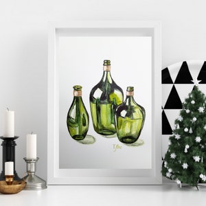 Acquarello originale Bottiglie in vetro verde 20x14 cm. Opera Tre vasi per l'acqua