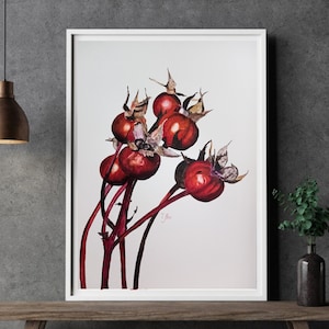 Original watercolor 11x16 inc.  Rosehip branches Painting watercolor wall decor