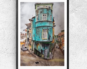 Istanbul Cityscape Watercolor Painting, Turkey Street Scene 11x16