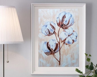Cotton Painting Oil Flowers cotton Beige background Art Painting Branch 10x14&quot; Mother&#39;s Day Gift Wall Decor