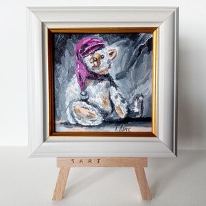 Juguete de oso de peluche Mini pintura al óleo 4 pulgadas enmarcada en soporte listo regalo original pequeño arte