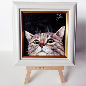 Framed Striped Cat Oil Painting, Funny Scared Kitten Art, 4x4
