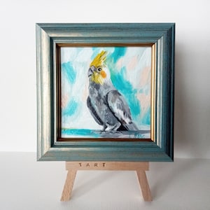 Corella Parrot Mini pintura al óleo 4 pulgadas enmarcada en soporte listo regalo original pequeño arte