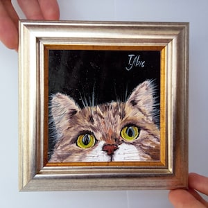 Framed Striped Cat Oil Painting, Funny Scared Kitten Art (4x4 in)