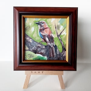 Jay pájaro en una rama Mini pintura al óleo 4 pulgadas enmarcada en soporte listo regalo original pequeño arte