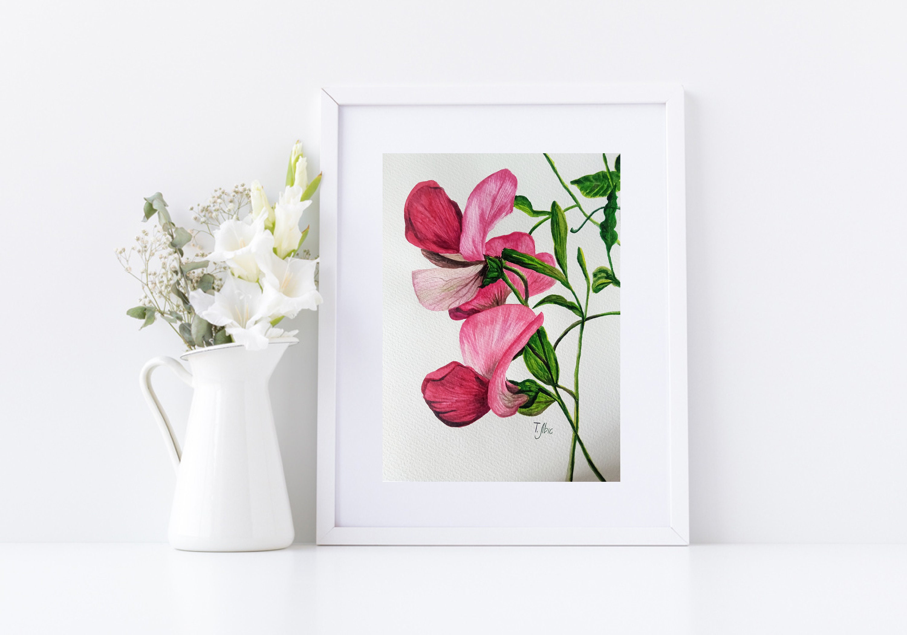 Original watercolor pink sweet pea 12x9 in. drawing botanical painting. Artwork weet pea