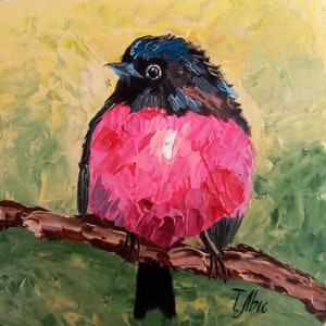 Pájaro en una rama en grandes trazos Alondra de pecho rojo 4х4 inc Mini pintura al óleo enmarcada en soporte listo regalo original pequeño arte