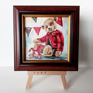 Juguete de oso de peluche Mini pintura al óleo 4 pulgadas enmarcada en soporte listo regalo original pequeño arte
