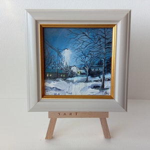 Paisaje nocturno de invierno 4x4 pulgadas Mini pintura al óleo enmarcada en soporte listo regalo original pequeño arte
