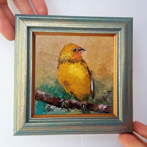 Pájaro de pecho amarillo Mini pintura al óleo 4х4 inc enmarcado en soporte listo regalo original pequeño arte Pájaro de pecho amarillo