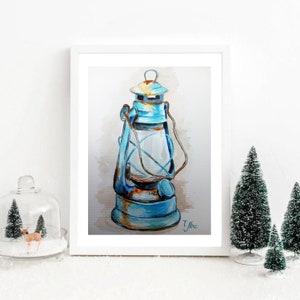 Acquerello originale Lampada a cherosene retrò blu 8,2x5,8 pollici. Opera d'arte retrò vecchia lanterna