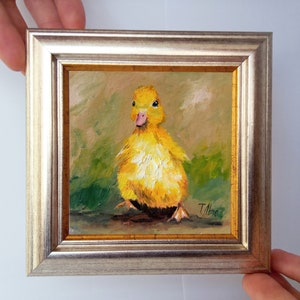 Divertido lindo patito amarillo Mini pintura al óleo 4х4 inc enmarcado en soporte listo regalo original pequeño arte Pájaro de pecho amarillo