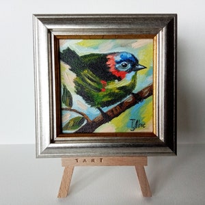Birdie Mini pintura al óleo 4 pulgadas enmarcada en soporte listo regalo original pequeño arte