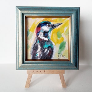 Pájaro carpintero Mini pintura al óleo 4 pulgadas enmarcada en soporte listo regalo original pequeño arte