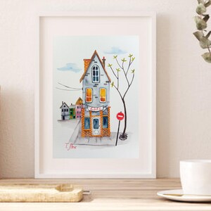 Dibujo de acuarela linda casa acogedora en Denver 6x8 pulgadas decoración de pared postal pintura casa primitiva.