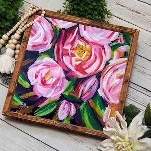 Pintura a óleo de flores grandes rosas. Pintura Grandes traços peônias arte 12x12" Presente de dia das mães Decoração de parede