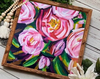 Large pink flowers oil painting. Painting  Large strokes peonies art 12x12&quot; Mother&#39;s day gift Wall decor