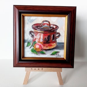 Cacerola de cobre y manzana Mini pintura al óleo 4 pulgadas enmarcada en soporte listo regalo original pequeño arte