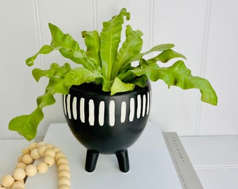 Small Black & White Planter with Legs | Contemporary Black Ceramic Indoor Planter | Cactus Plant Pot | Small Planter Pot | Birthday Gift
