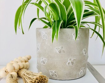 Cement Planter for Indoor House Plant | Bee Embossed Grey Planter | Succulent Plant Pot | Small Planter Pot | Bathroom Indoor Planter