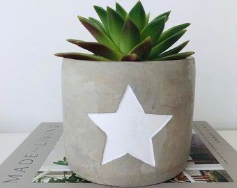 Cement Star Planter for Indoor House Plant | White Star Embossed Planter | Succulent Plant Pot | Small Planter Pot | Bathroom Indoor Planter