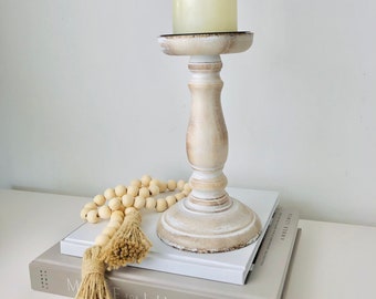 White Wooden Candlestick | Rustic Whitewash Wood Candle Holder | 22cm Wooden Candle Holder | Minimalist Home Decor | ZENHAUS INTERIORS
