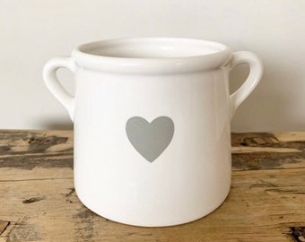 Small White House Plant Pot | Hygge Homeware Planter with Handles | Rustic White Pot with Grey Heart Detail | Reversible White Plant Holder