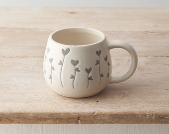 Small White Mug with Grey Heart Design | Large Handle White Mug | Tea Lovers Mug | Coffee Lovers Mug | Hot Chocolate Mug | Childs Mug