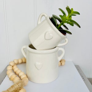 Small White House Plant Pot Hygge Homeware Planter with Handles Rustic White Pot with Embossed Heart White Bathroom Planter image 8