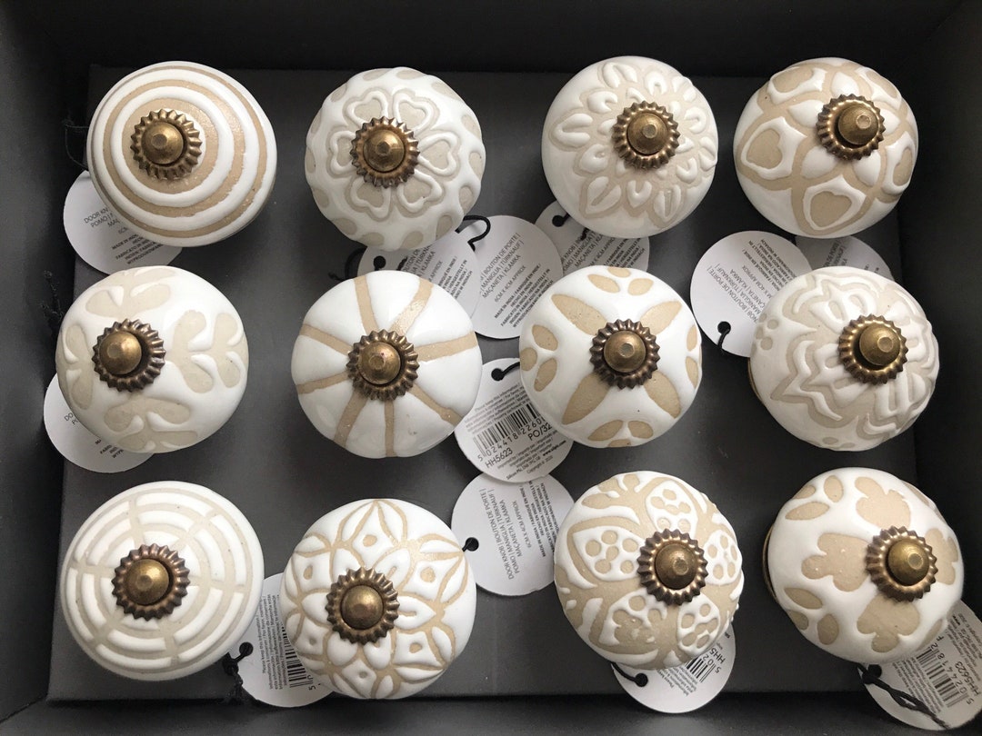 White Ceramic Drawer Knobs Patterned White and Natural Beige Drawer