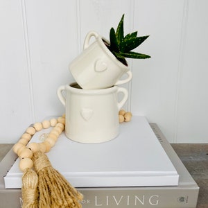 Small White House Plant Pot Hygge Homeware Planter with Handles Rustic White Pot with Embossed Heart White Bathroom Planter image 7