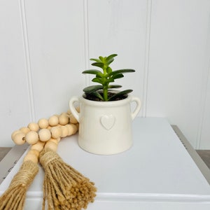 Small White House Plant Pot Hygge Homeware Planter with Handles Rustic White Pot with Embossed Heart White Bathroom Planter image 2