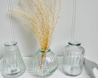 Set of 3 Small Ribbed Glass Vases | Wedding Table Flower Vases | Dried Flower Vases | Petite Glass Vase for House Flowers | Trio of Vases