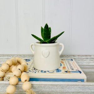 Small White House Plant Pot Hygge Homeware Planter with Handles Rustic White Pot with Embossed Heart White Bathroom Planter image 5