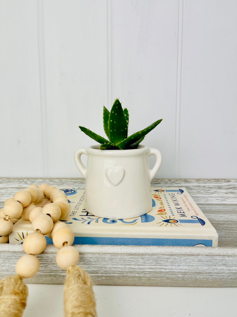 Small White House Plant Pot Hygge Homeware Planter with Handles Rustic White Pot with Embossed Heart White Bathroom Planter image 5