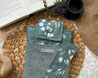 Corduroy book cover, eucalyptus canvas book jacket, padded book bag, Liberty Merch book sleeves, Kindle case, gift bookmark