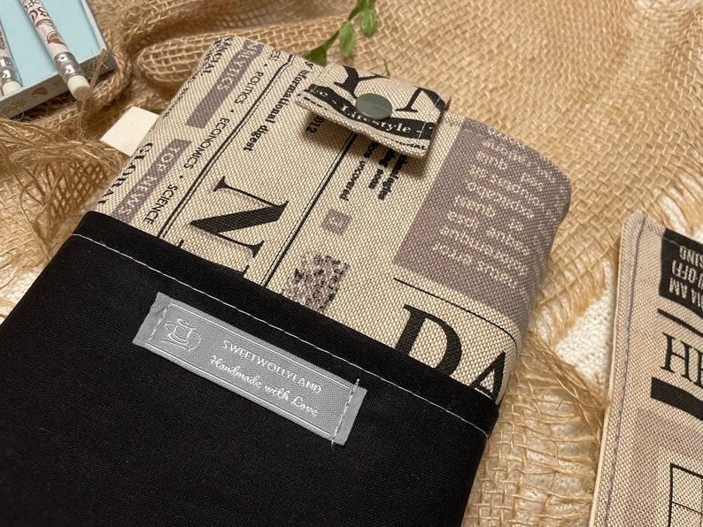 Book cover made of canvas fabric Padded book bag Newspaper look accessories Book cover including bookmark set bookmarker booksleeves image 3