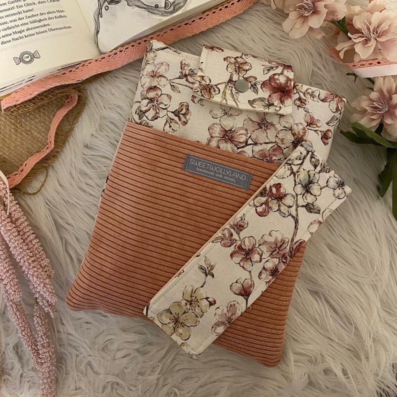 Book cover fabric book cover canvas book bag flowers gift book padded book bag Kindle cover bookmark cherry blossoms booksle image 1