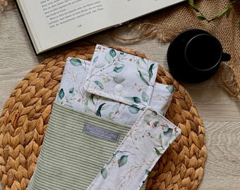 Capa de livro de tecido, capa de livro de lona, bolsa para livros, presente, bolsa acolchoada personalizada, marcador de livro Kindle, capa de livro de eucalipto, cordão