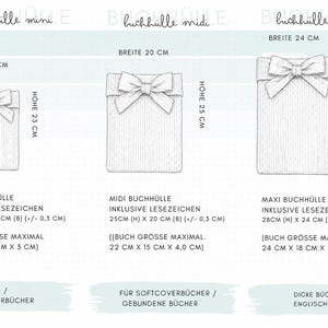 Größenübersicht handgemachte personalisierter Buchhülle aus Breitcord mit Schleife – Mini, Midi und Maxi Stoffhülle für Bücher, Kindle und Hardcover